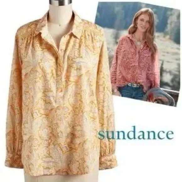 SUNDANCE POPPY BLOOM YELLOW BLUE FLORAL OVERSIZED TUNIC TOP SHIRT SZ M - Picture 2 of 5